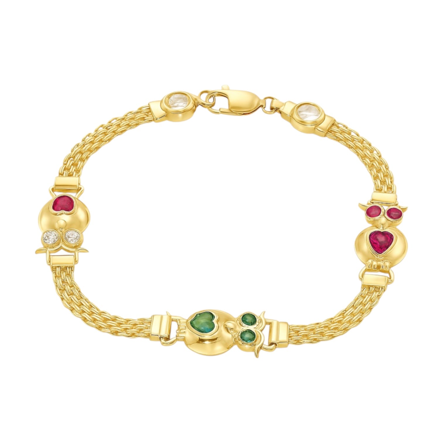 14K Yellow Gold Green/Pink CZ Owl Station Mesh Bracelet - 7" (8.4 GRAMS)