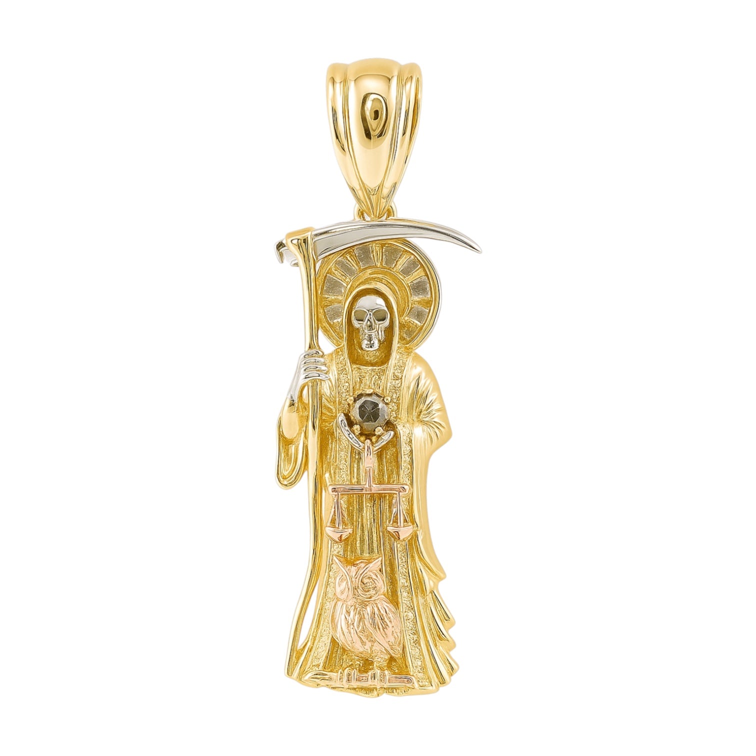 14K Gold Tricolor CZ Santa Muerte Owl Pendant
