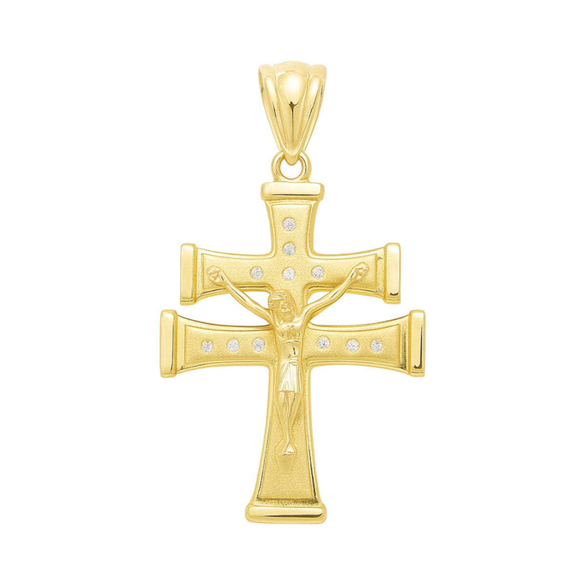 14K Yellow Gold Matte Finish CZ Large Jesus Crucifix Pendant