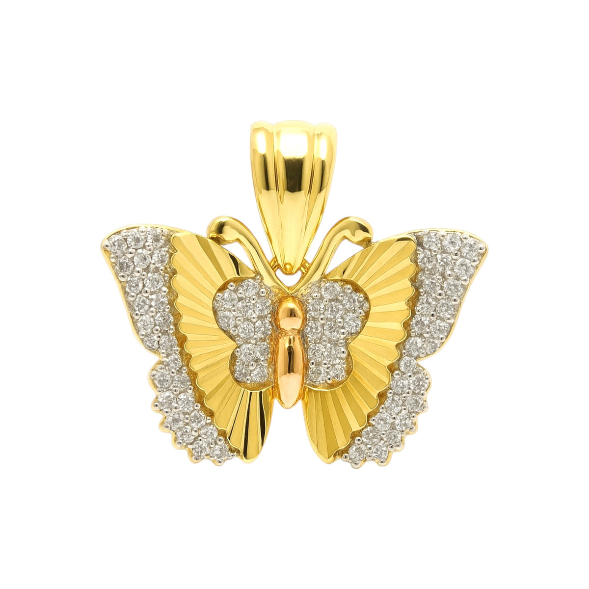 14K Gold Tricolor CZ Diamond Cut Butterfly Pendant