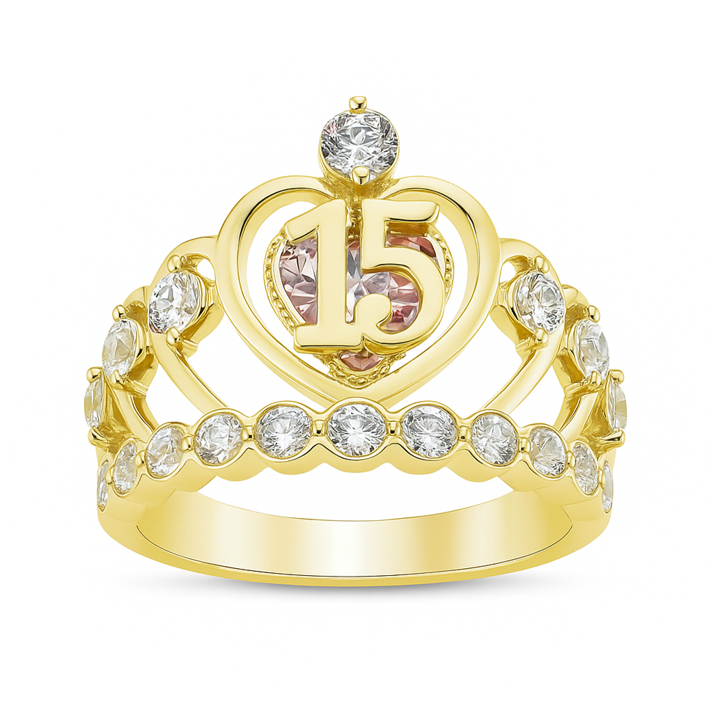 14K Yellow Gold CZ Crown Quinceañera Ring
