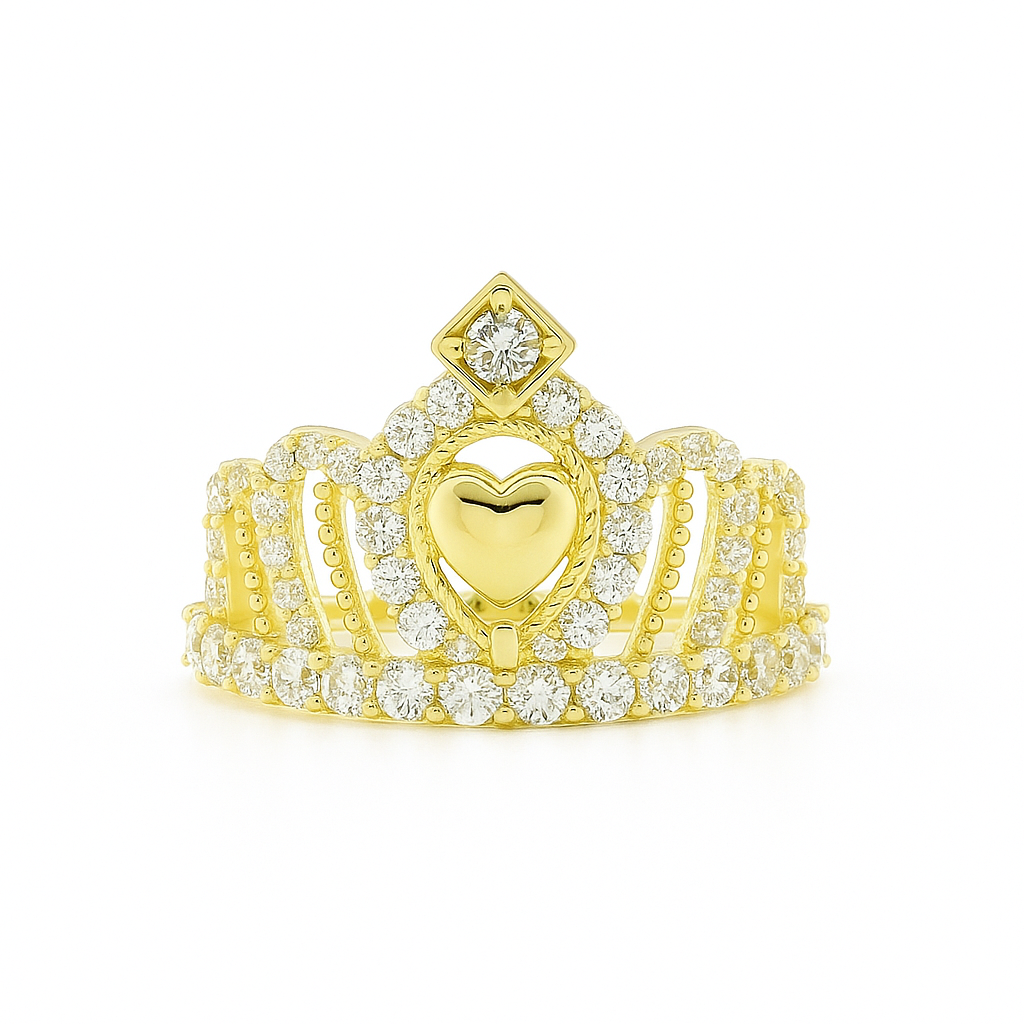 14K Yellow Gold CZ Crown W/ Heart Ring - 3.1 GRAMS