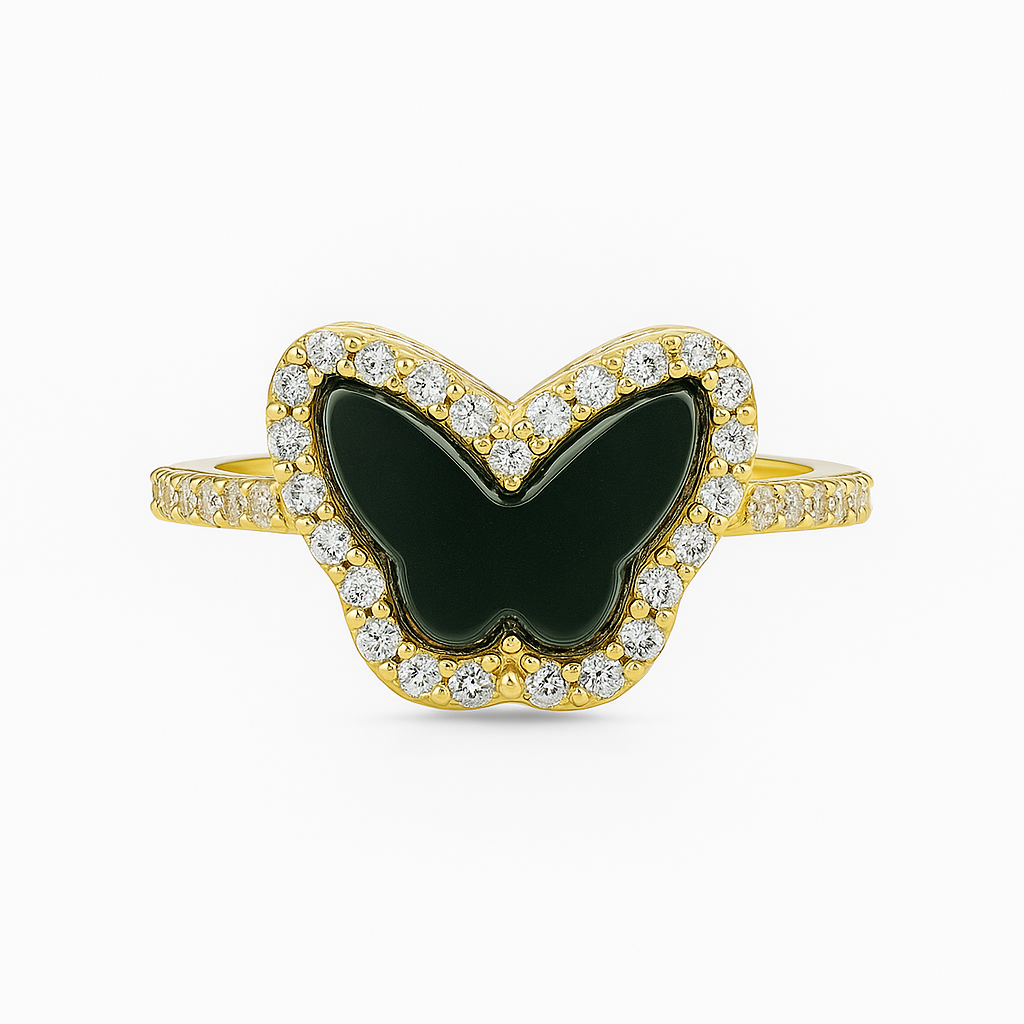 14K Yellow Gold Black Enamel CZ Butterfly Ring