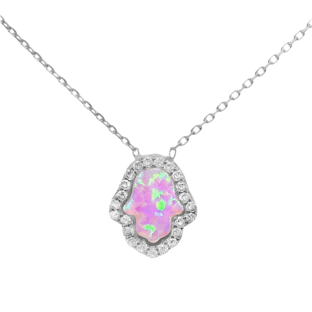 Sterling Silver Pink Opal Hamsa Hand CZ Border Necklace