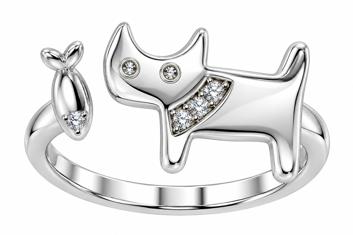 Sterling Silver Polished/CZ Cat & Fish Open Ring