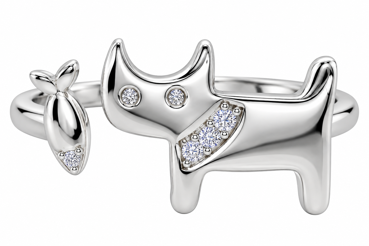 Sterling Silver Polished/CZ Cat & Fish Open Ring