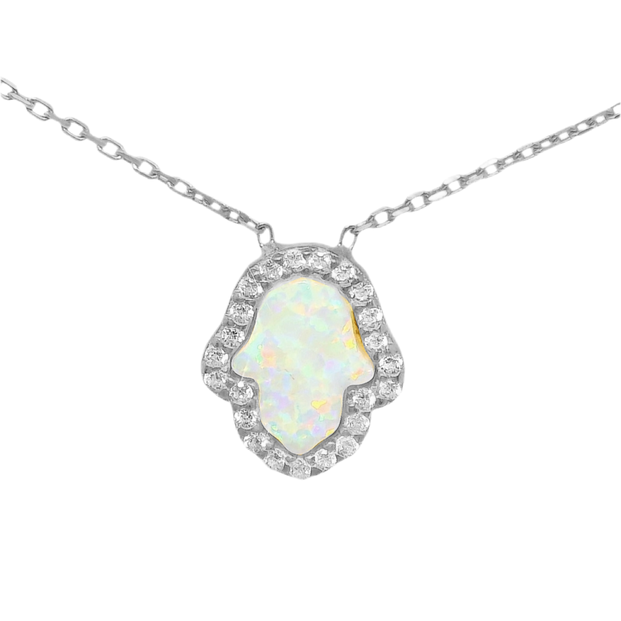 Sterling Silver White Opal Hamsa Hand CZ Border Necklace