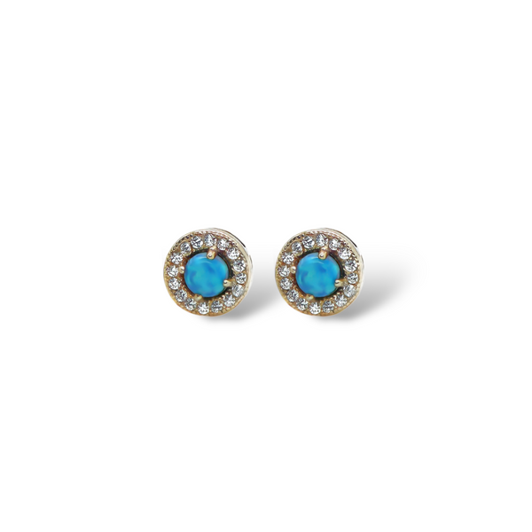 Sterling Silver Blue Opal W/ CZ Halo Round Earrings