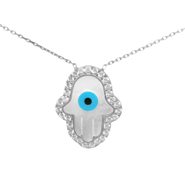 Sterling Silver Mother Of Pearl Evil Eye Hamsa Hand CZ Border Necklace