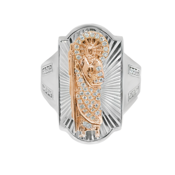 925 Sterling Silver CZ Two Tone Rose Gold/Silver Saint Jude Men's Ring