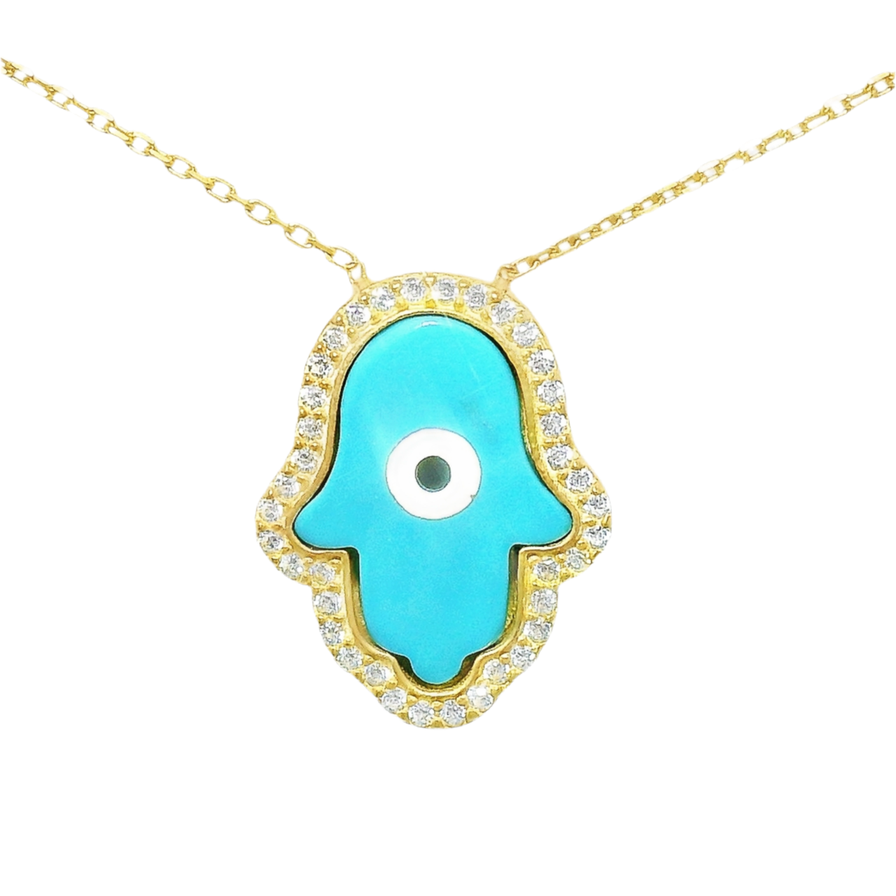 Sterling Silver Turquoise Enamel Evil Eye Hamsa Hand CZ Border Necklace