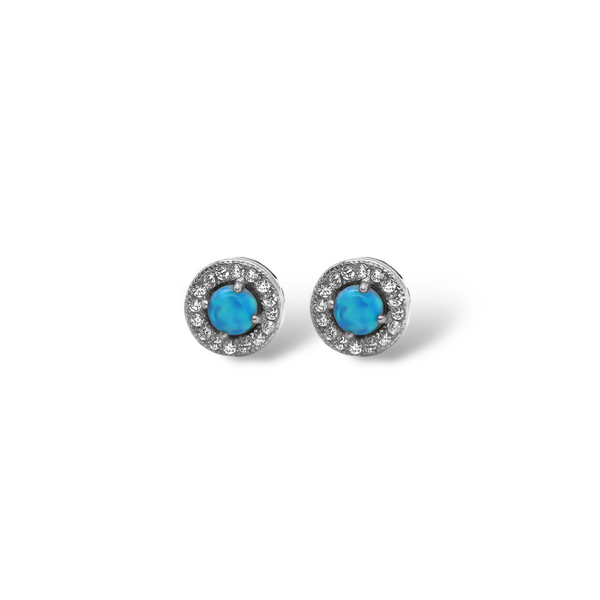 Sterling Silver Blue Opal W/ CZ Halo Round Earrings