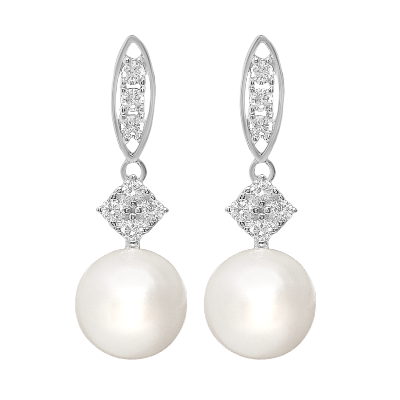 Sterling Silver CZ Cluster W/ Dangling Pearl Earrings