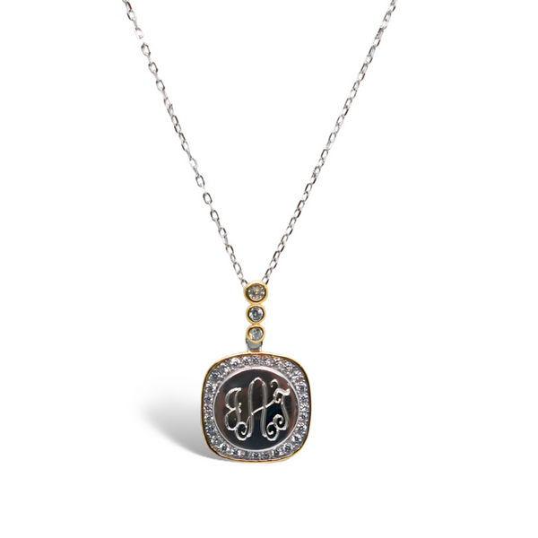 Sterling Silver Two Tone CZ Engravable Square Maria Necklace