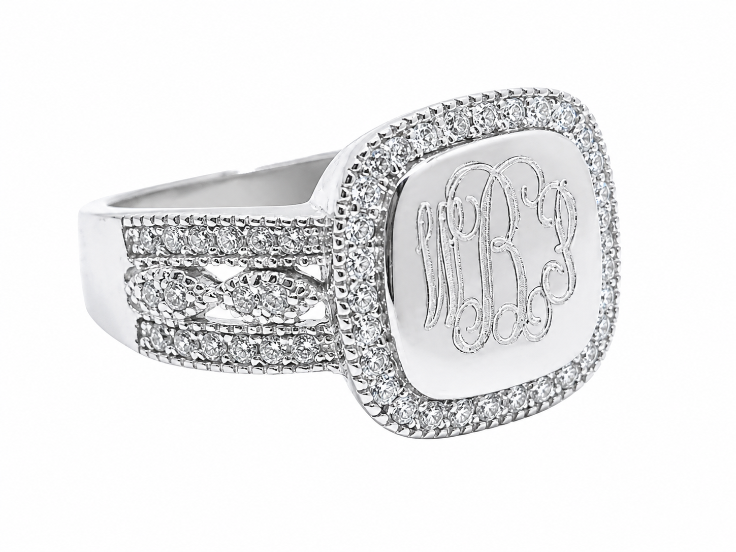 Elegant Engravable Ava Sterling Silver Square CZ Ring
