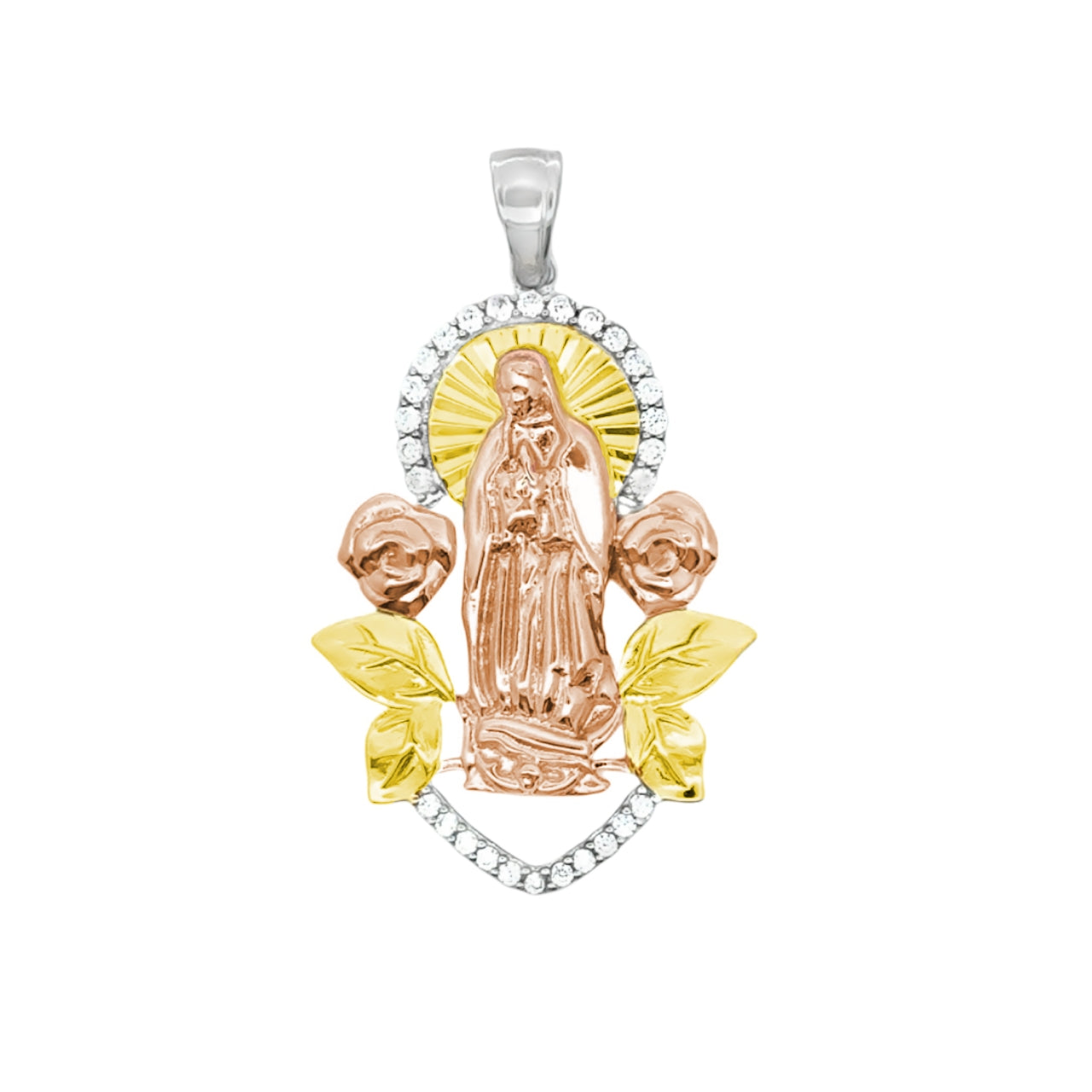 925 Sterling Silver CZ Tri-Tone Virgin Mary Pendant