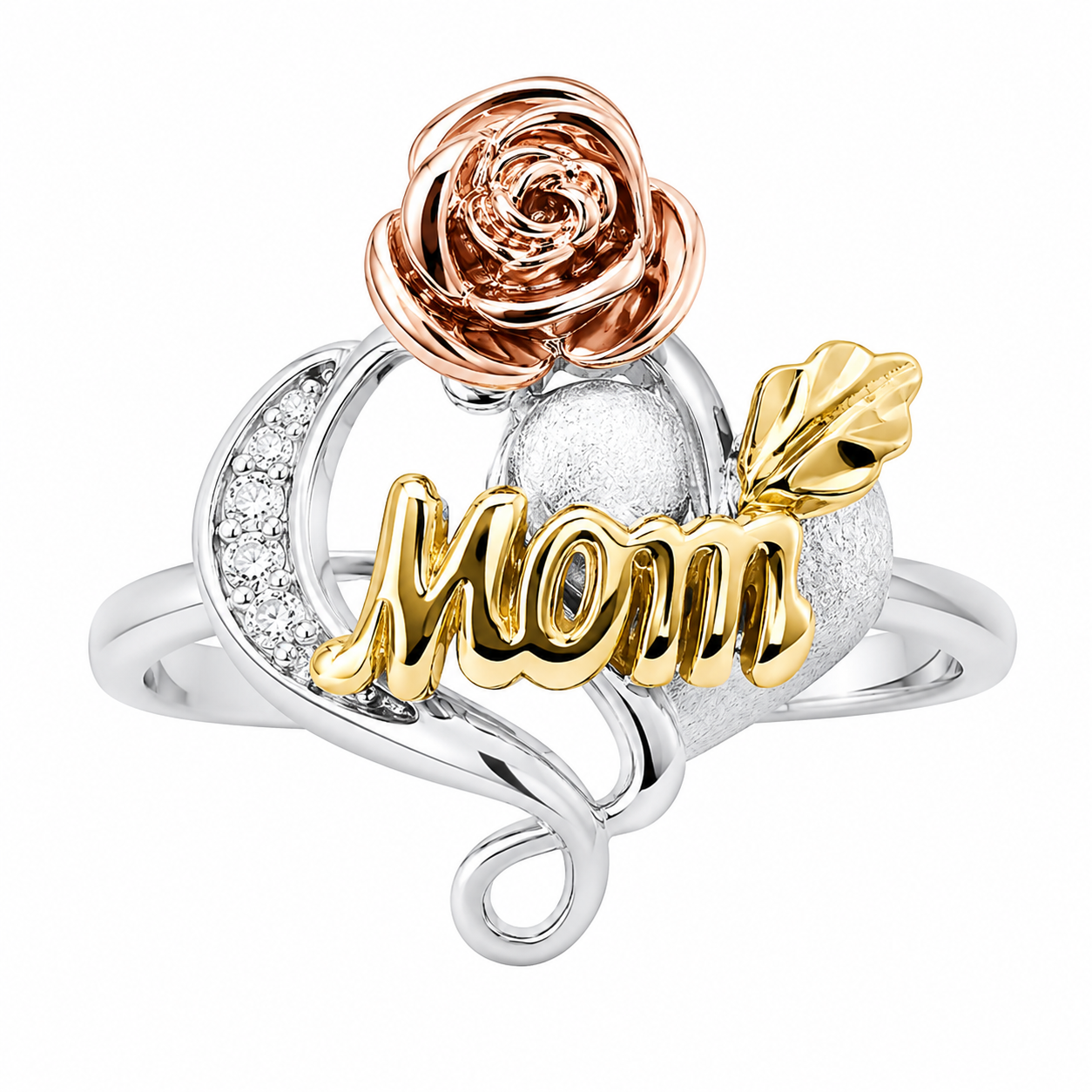 Sterling Silver CZ Tricolor "Mom" Heart Ring