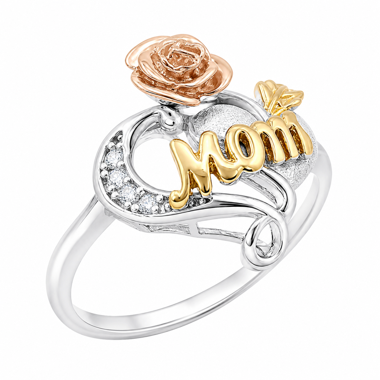 Sterling Silver CZ Tricolor "Mom" Heart Ring