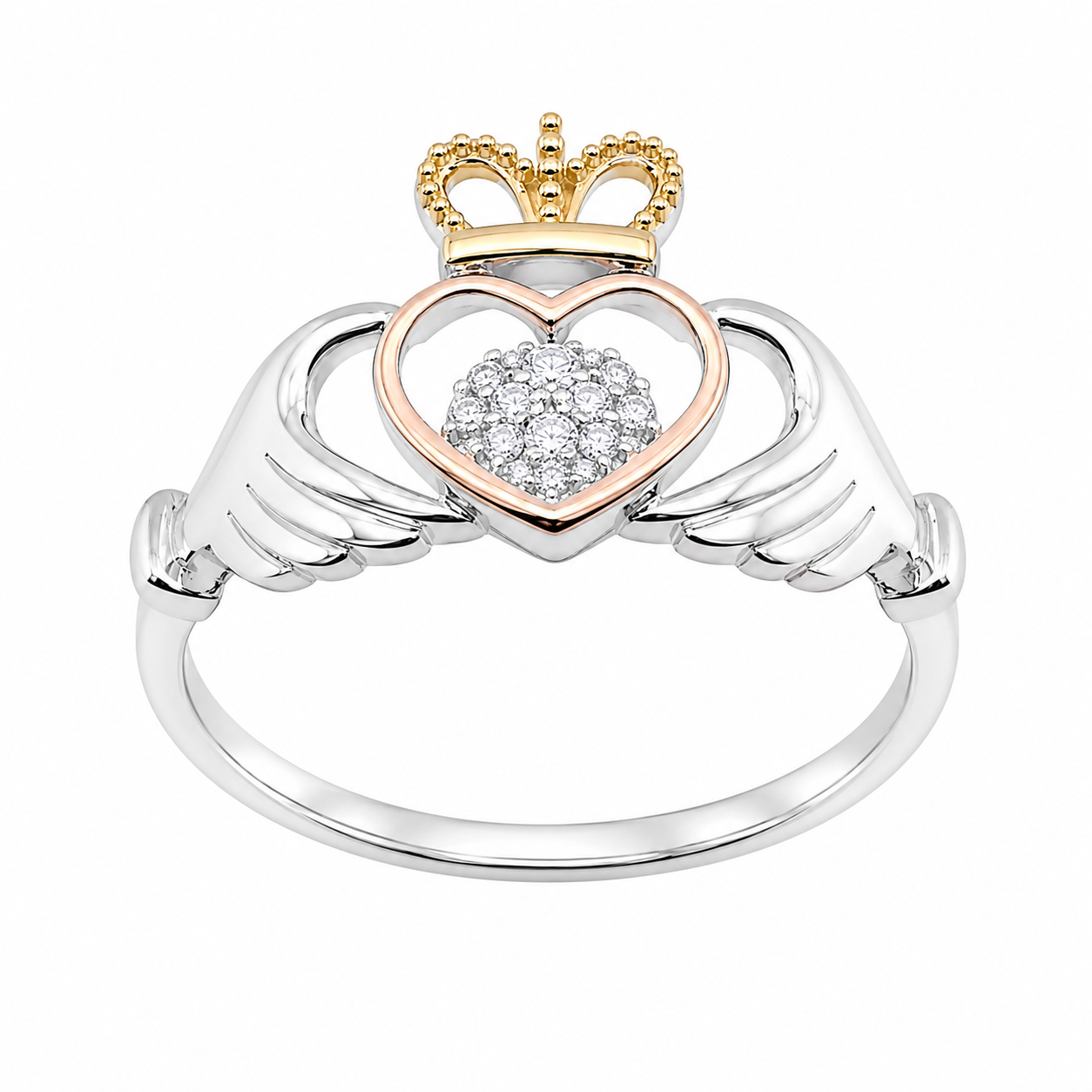 Sterling Silver CZ Tricolor Heart W/ Crown Claddagh Ring