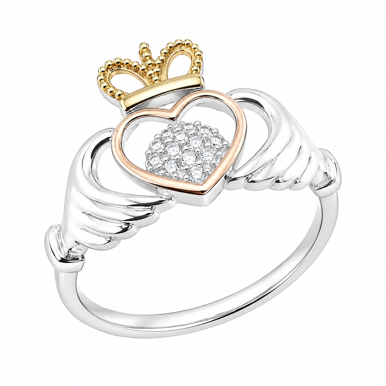 Sterling Silver CZ Tricolor Heart W/ Crown Claddagh Ring