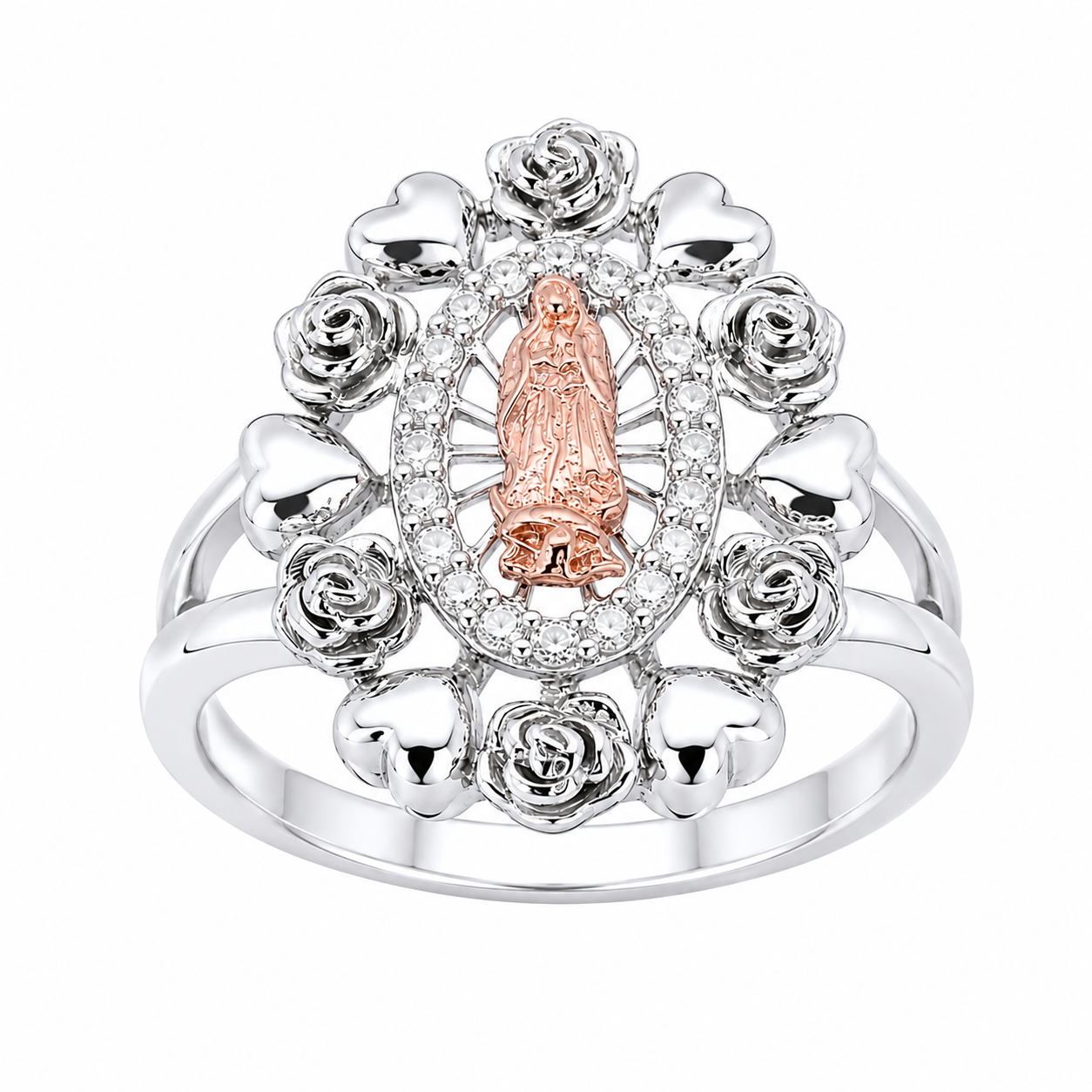 Sterling Silver CZ Rose Gold Virgin Mary W/ Rose & Heart Halo Ring