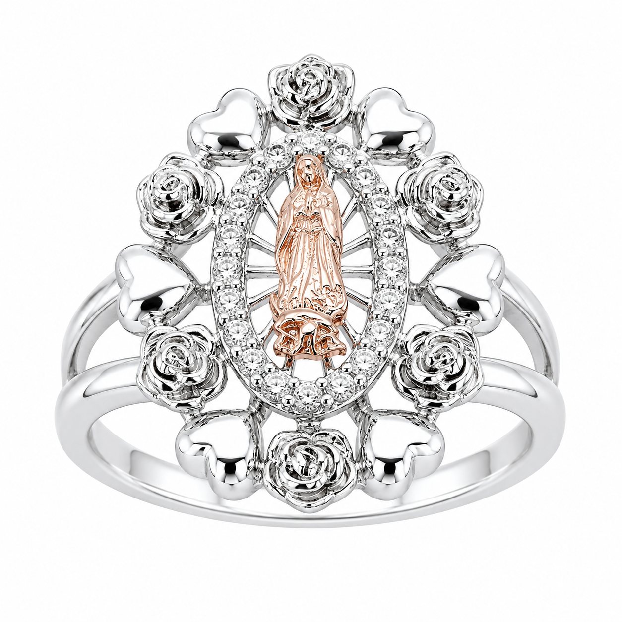 Sterling Silver CZ Rose Gold Virgin Mary W/ Rose & Heart Halo Ring