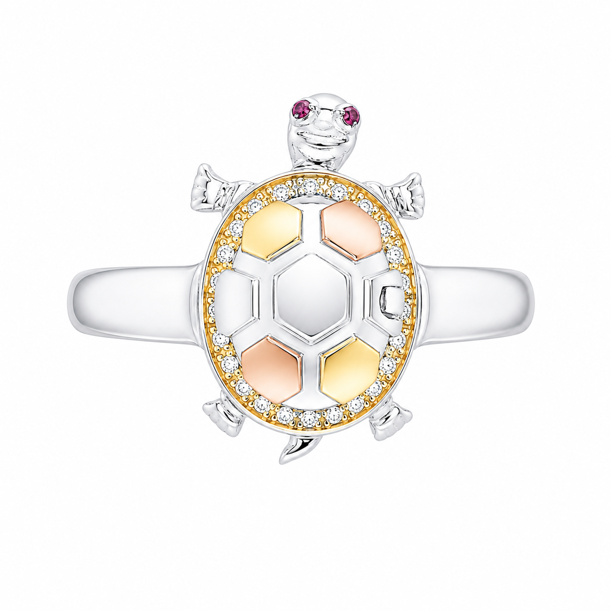 Sterling Silver CZ Tricolor Turtle & Vigin Mary Ring