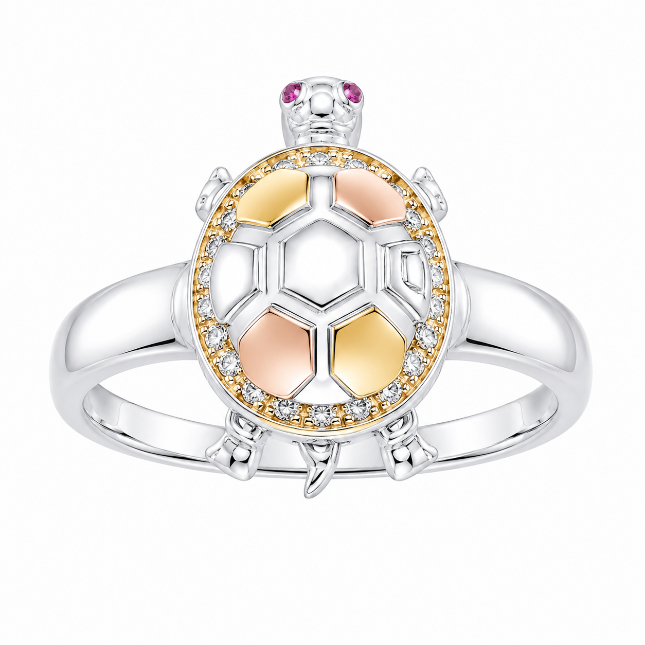 Sterling Silver CZ Tricolor Turtle & Vigin Mary Ring
