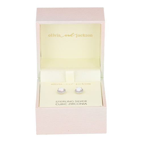 Sterling Silver White Opal CZ Halo Post Earrings w/ Box