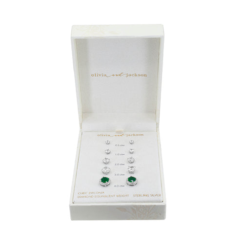 Sterling Silver Emerald Halo CZ Earring Box Set