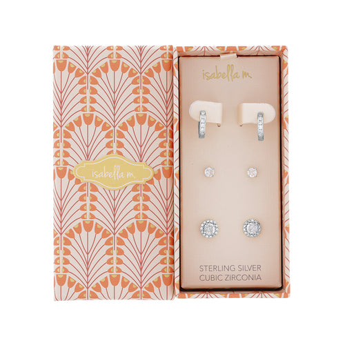 Sterling Silver CZ Studs and Huggie Trio Box Set