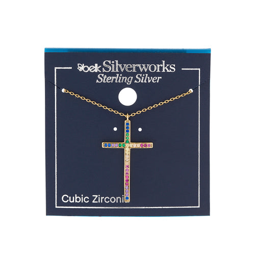 Sterling Silver Rainbow CZ Cross Necklace w/ Box