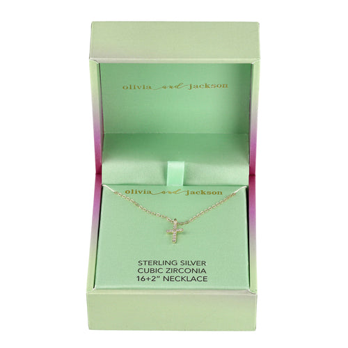 Sterling Silver CZ Cross Necklace w/Box