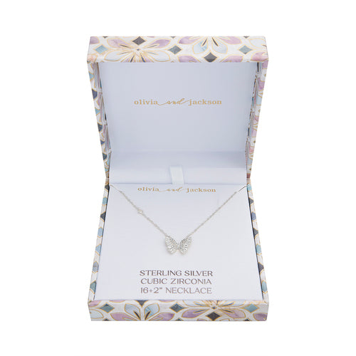 Sterling Silver CZ Butterfly Necklace w/ Box