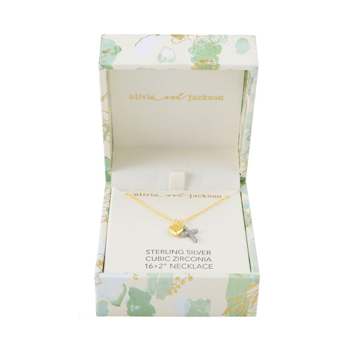 Sterling Silver Two Tone Pave Cross and Heart Charm Necklace w/ Box