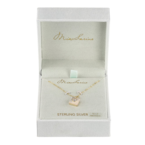 Sterling Silver Mother of Pearl/ CZ Heart Lock Cable Chain Necklace w/ Box