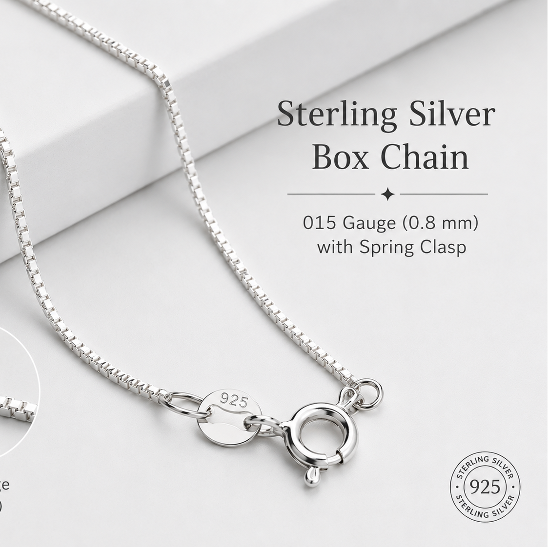 Sterling Silver Box Chain 0.8MM (GAUGE 015) - Sold by the Dozen