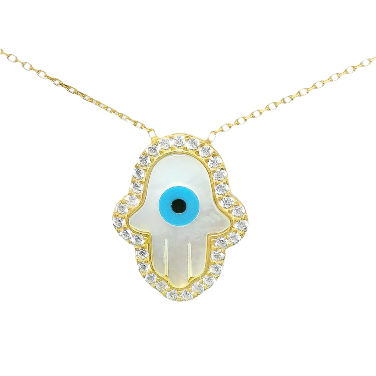 Sterling Silver Mother Of Pearl Evil Eye Hamsa Hand CZ Border Necklace