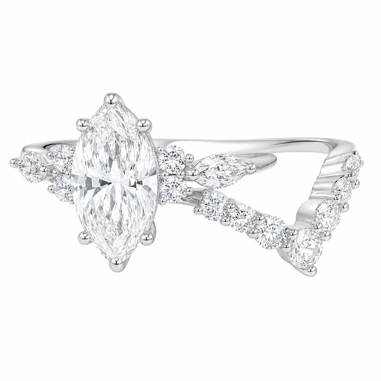 Sterling Silver 2.0ct Marquise Moissanite Cluster Curved Wedding Band Ring Set