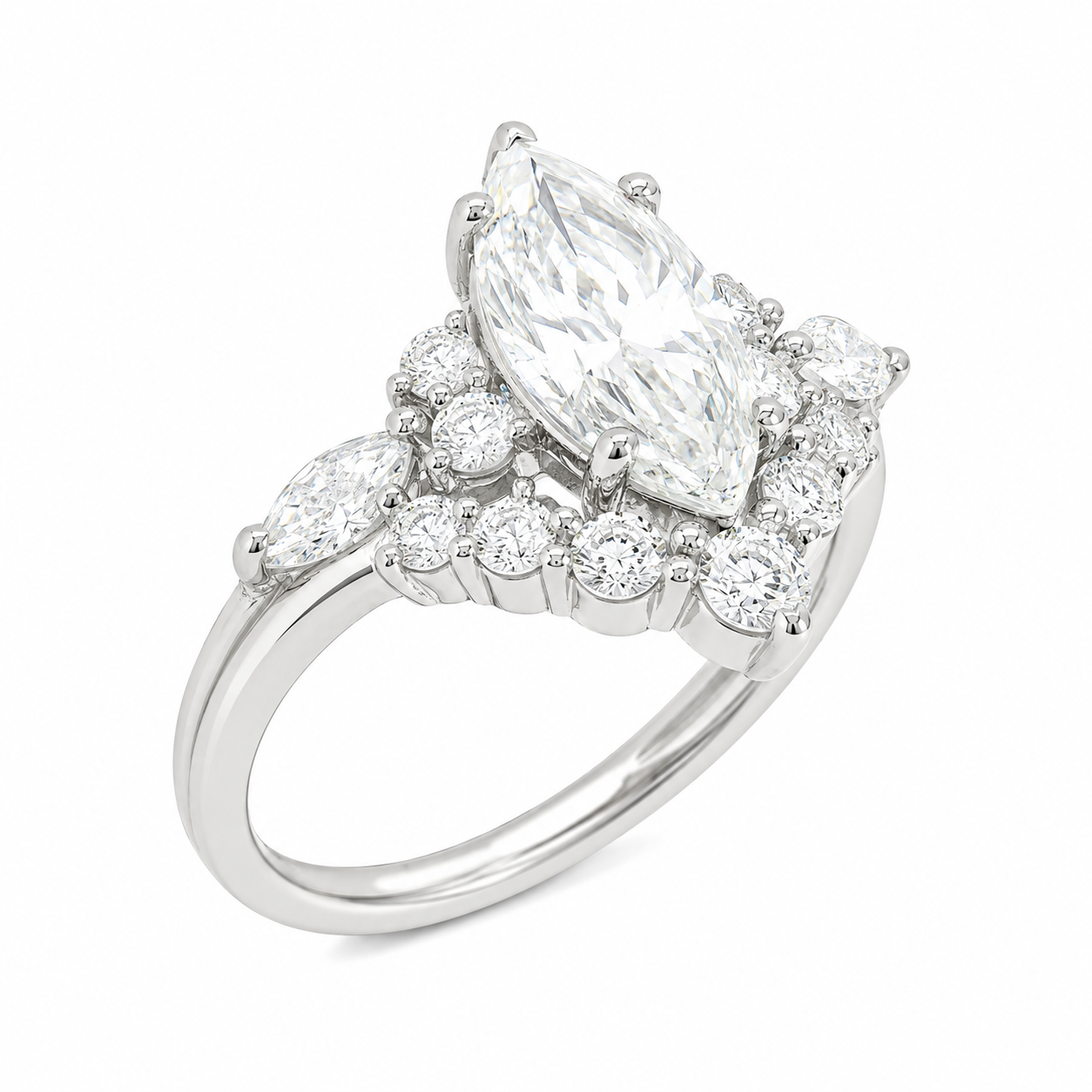 Sterling Silver 2.0ct Marquise Moissanite Cluster Curved Wedding Band Ring Set