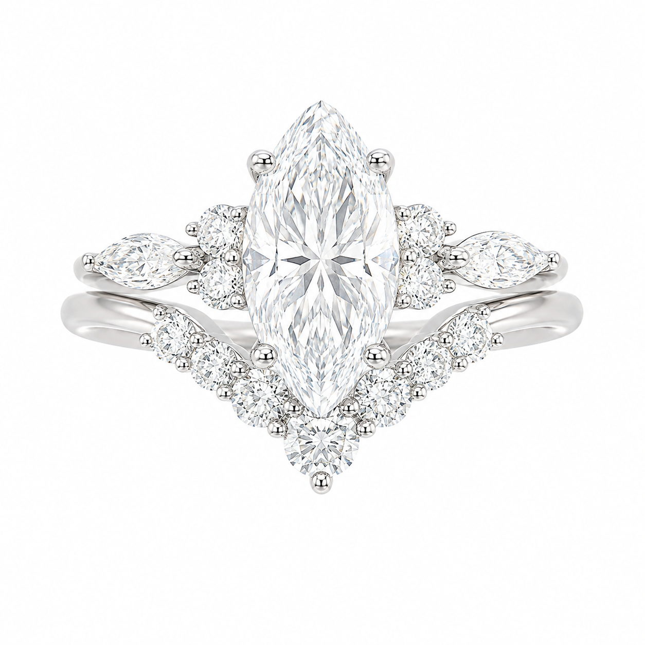 Sterling Silver 2.0ct Marquise Moissanite Cluster Curved Wedding Band Ring Set