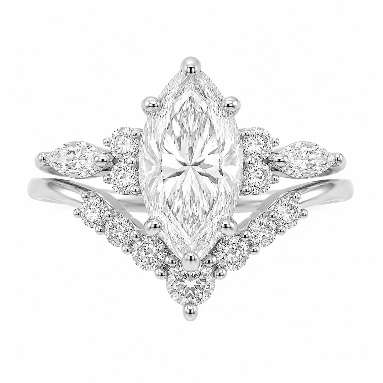 Sterling Silver 2.0ct Marquise Moissanite Cluster Curved Wedding Band Ring Set