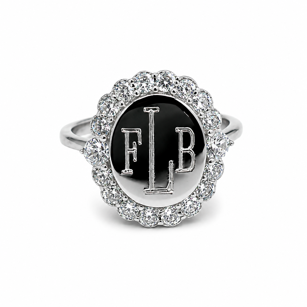 Sterling Silver Oval Large CZ Border Engravable Ring