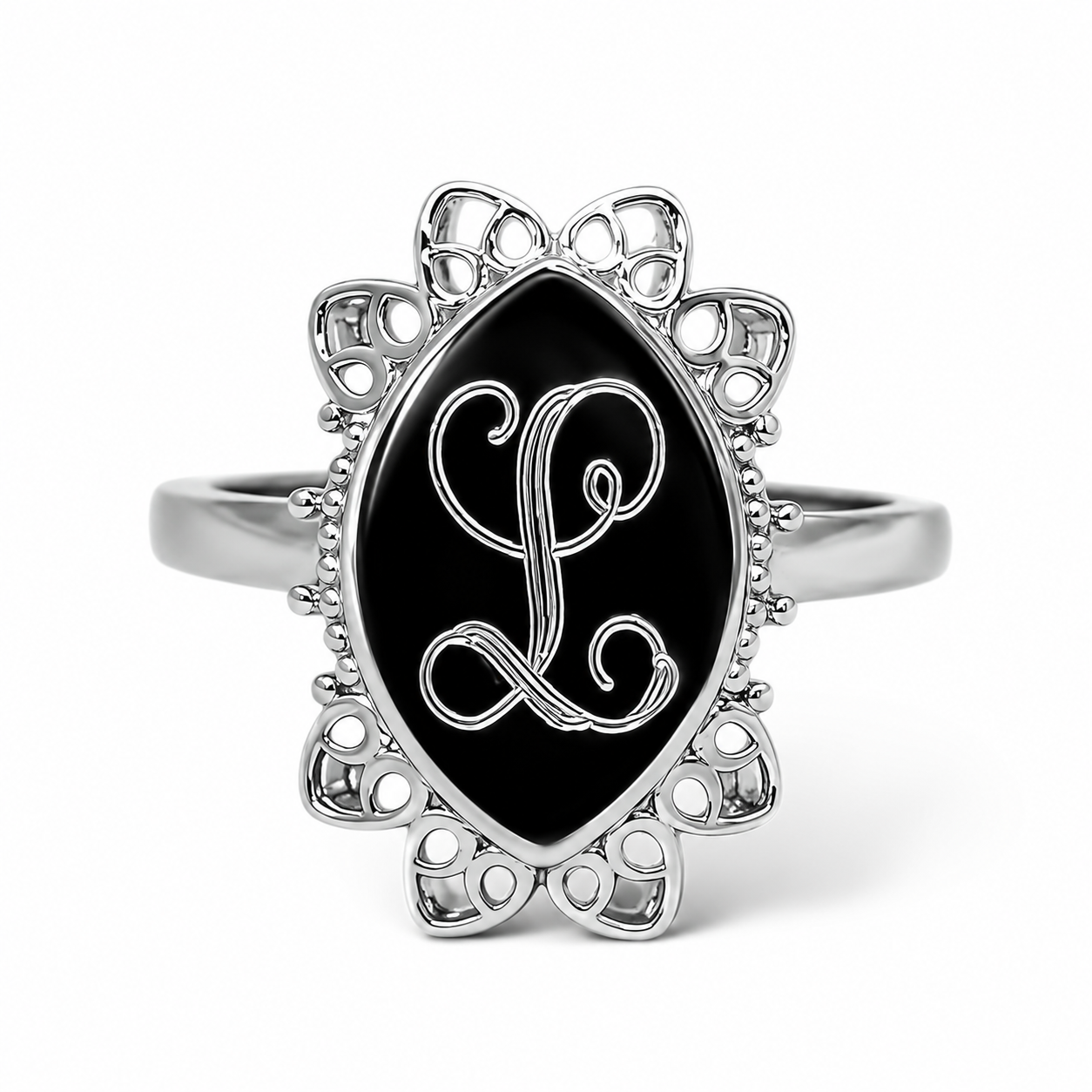 Sterling Silver Long Oval Flower Engravable Ring