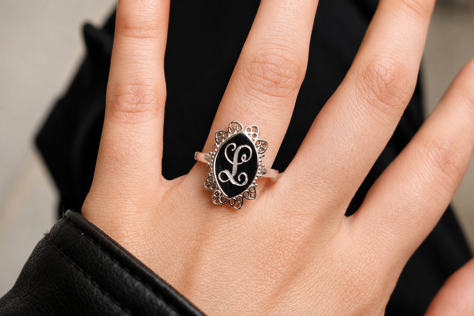 Sterling Silver Long Oval Flower Engravable Ring