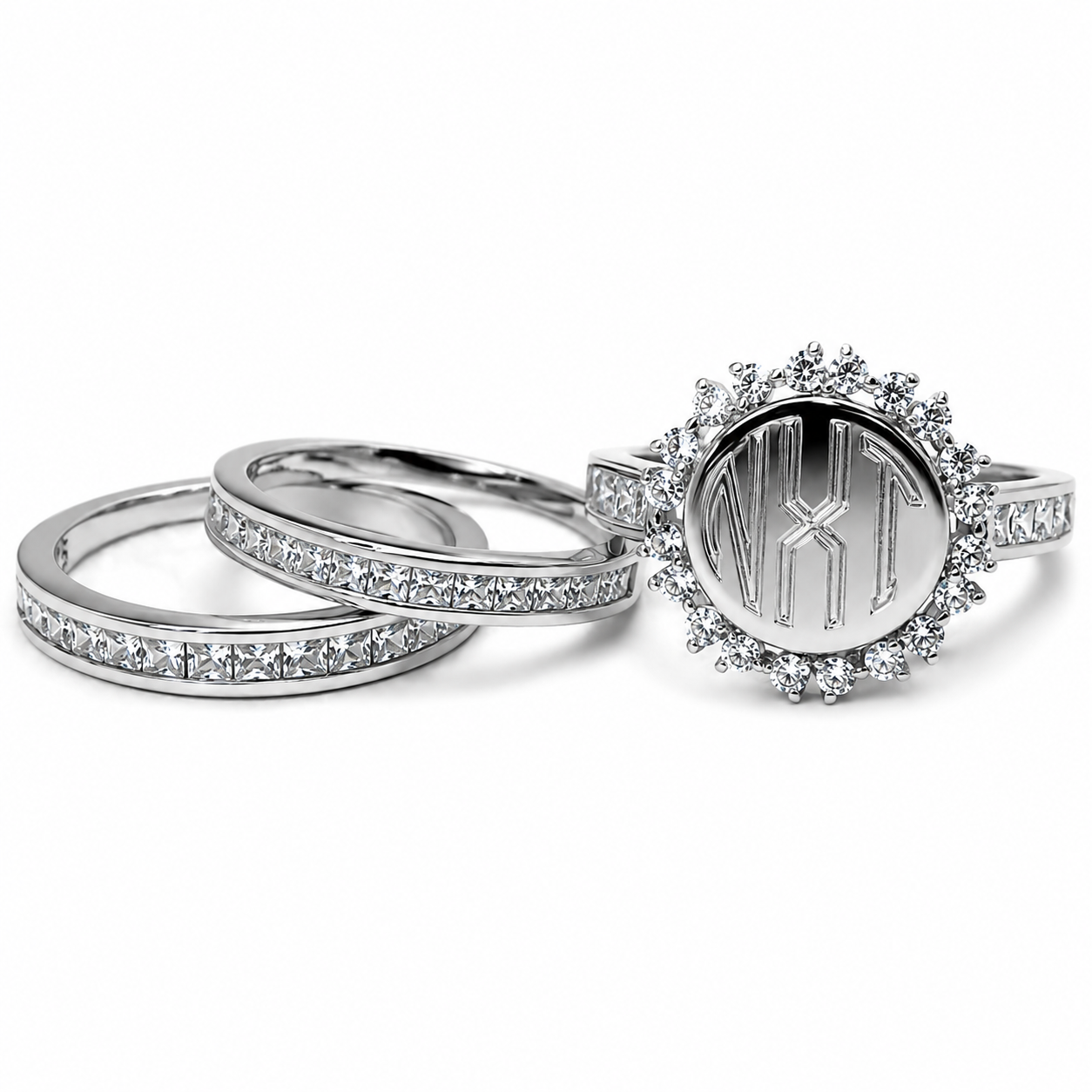 Sterling Silver 3 Band Flower CZ Engravable Ring