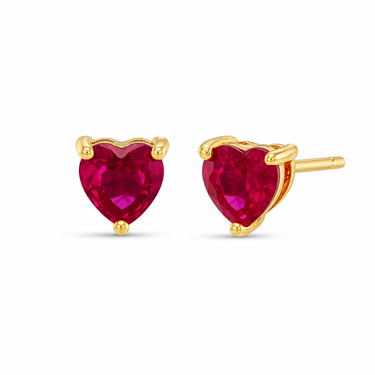 Sterling Silver Gold Plated Ruby Pink CZ Heart Stud Earrings