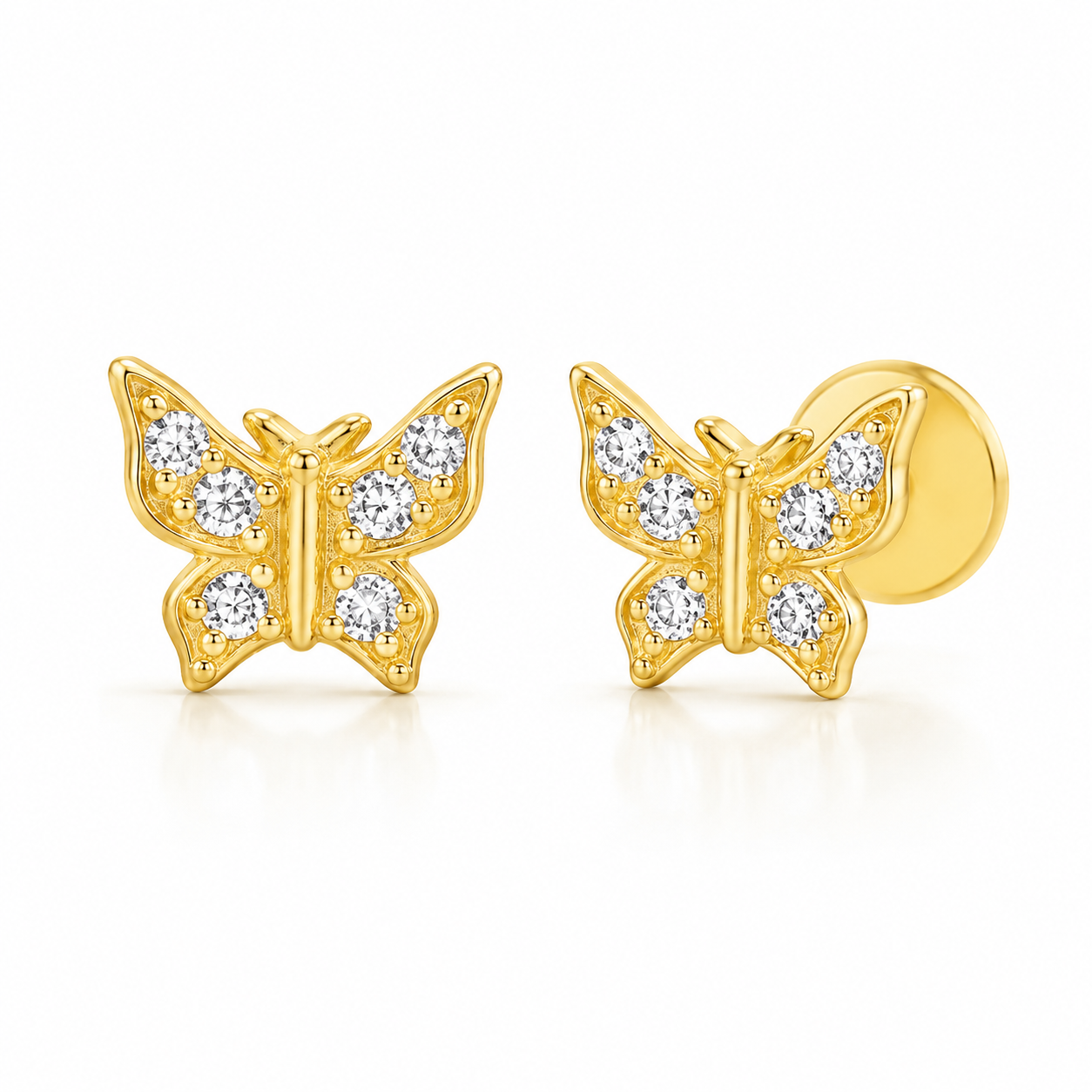 Sterling Silver CZ Dainty Butterfly Steel Flat Back Stud Earrings