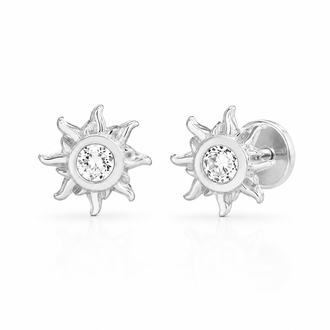 Sterling Silver CZ Dainty Starburst Steel Flat Back Stud Earrings