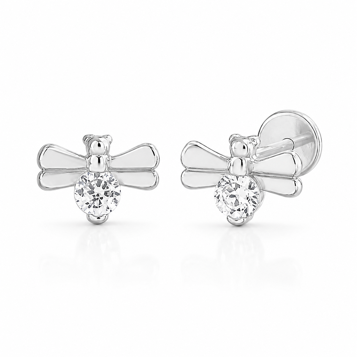 Sterling Silver CZ Dainty Fly Steel Flat Back Studs Earrings